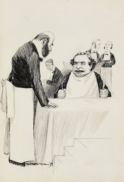 A man sits at a table in a fancy restaurant 1899