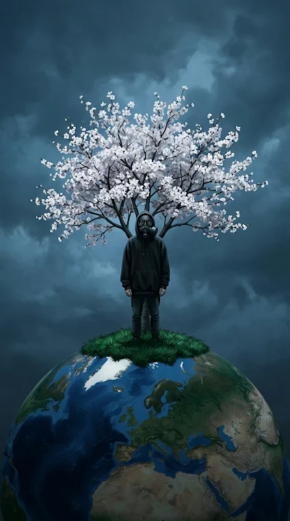 Man Gas Mask Cherry Tree Earth