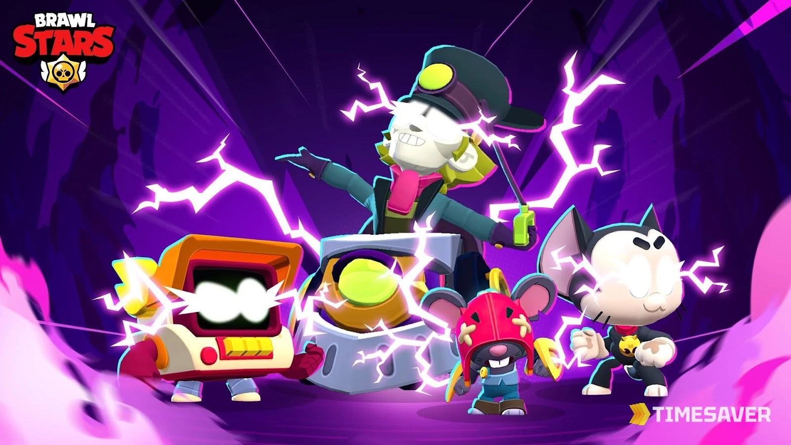 Official Brawl Stars artwork of multiple Brawlers crackling with purple Hypercharge energy