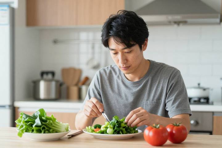 キッチンで新鮮な野菜料理を作る日本人男性