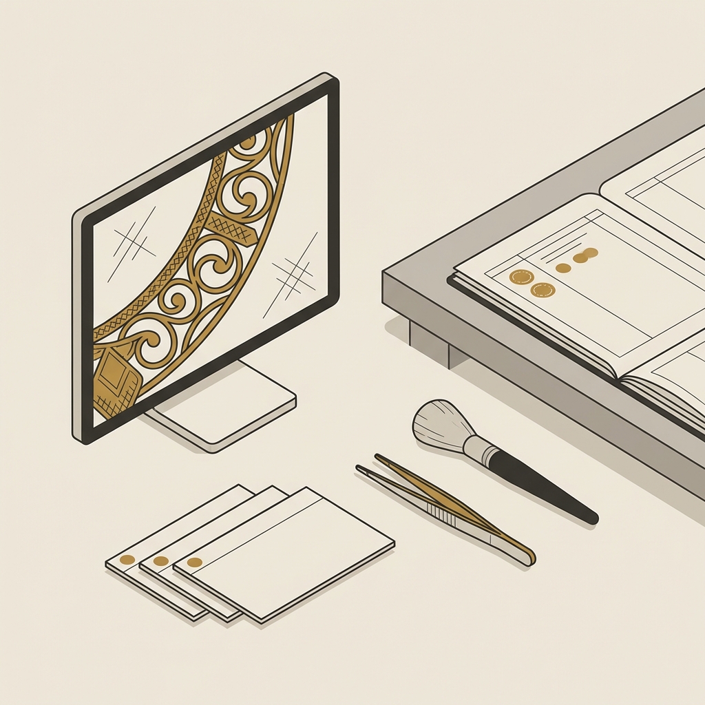 Minimalist vector depiction of a conservators workspace with microscope showing surface detail a provenance ledger and blank condition cards for ancient roman jewelry artifacts