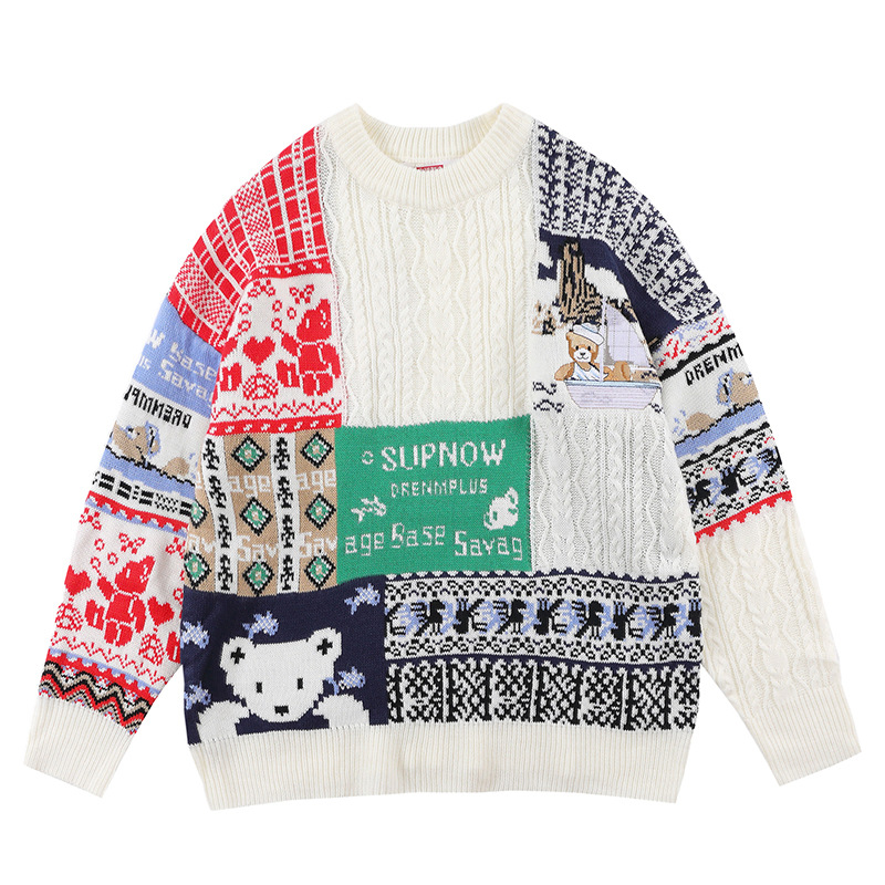 Retro Knitted Sweater with Cable Pattern and Bear Motif