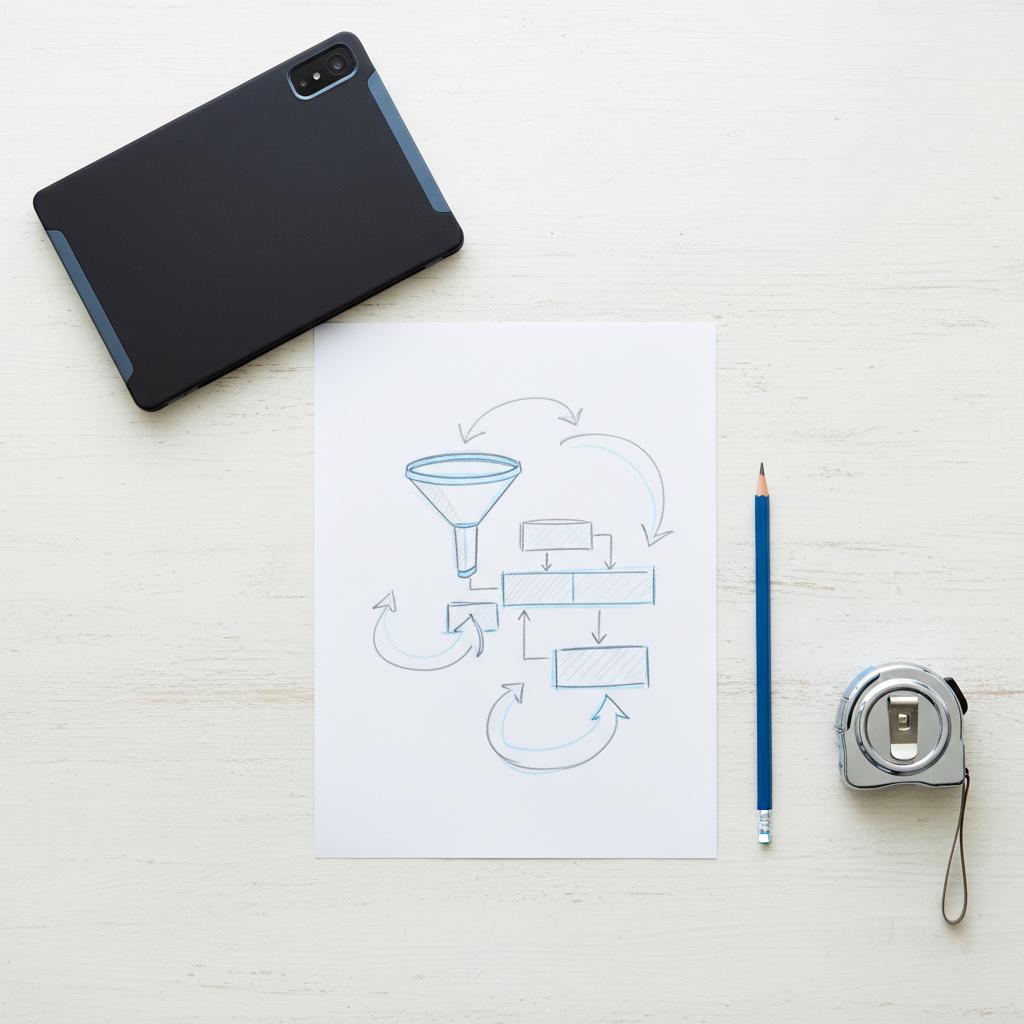 Minimal organized workspace with closed tablet, blurred checklist and tools suggesting Angi leads management, clean white background and blue brand accents