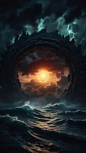 Ornate dark ring frames sunset over stormy ocean with lightning