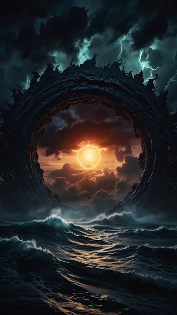 Ornate dark ring frames sunset over stormy ocean with lightning - Free mobile Wallpaper