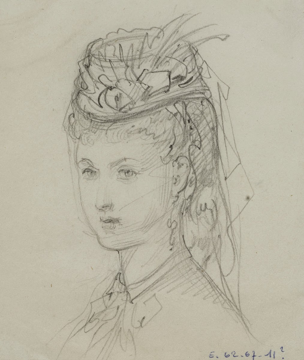Tête de femme avec petit chapeau à volants et à rubans 1867 1877
