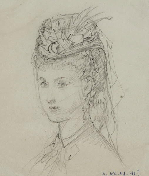 Tête de femme avec petit chapeau à volants et à rubans 1867 1877