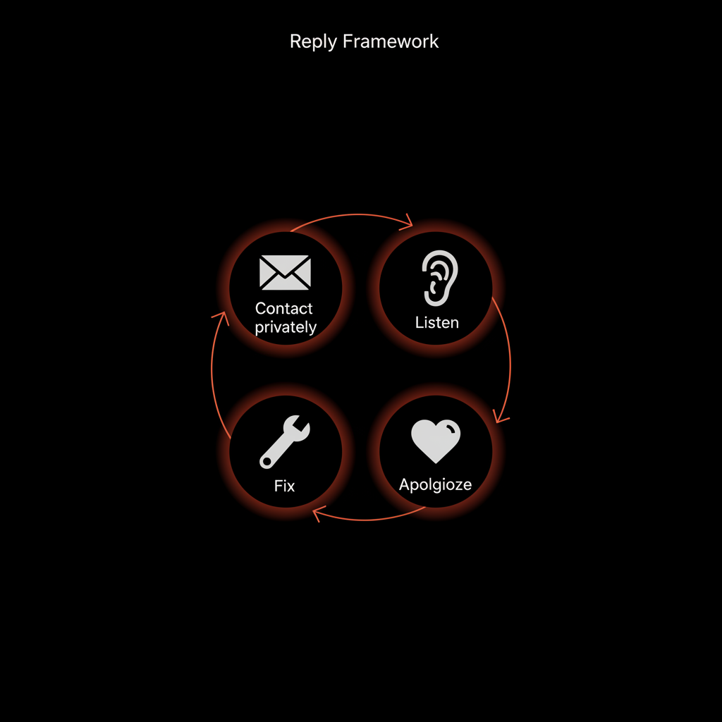 Minimal circular flowchart infographic showing a four-step reply framework for how to respond to a bad Google review: listen (ear), apologize (heart), fix (wrench), contact privately (envelope).
