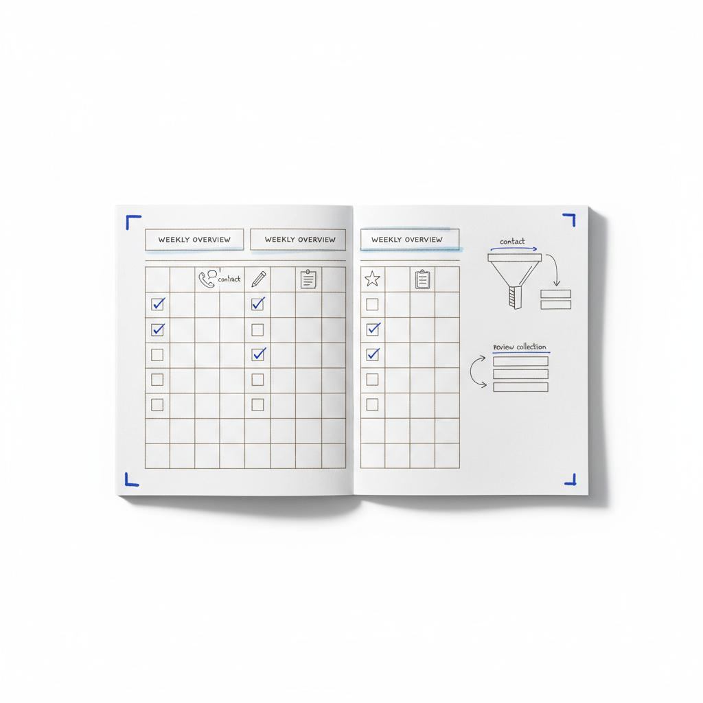 Close-up notebook sketch of a 90-day small business checklist with day-by-day blocks and icons for contact, content, and review collection &mdash; WordPress vs Wix for small business