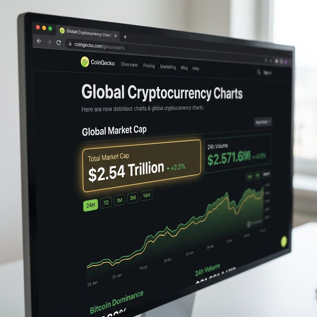 Close up of CoinGecko global charts page with the total market cap figure highlighted in gold on a dark Finance Police styled interface showing crypto coin market news