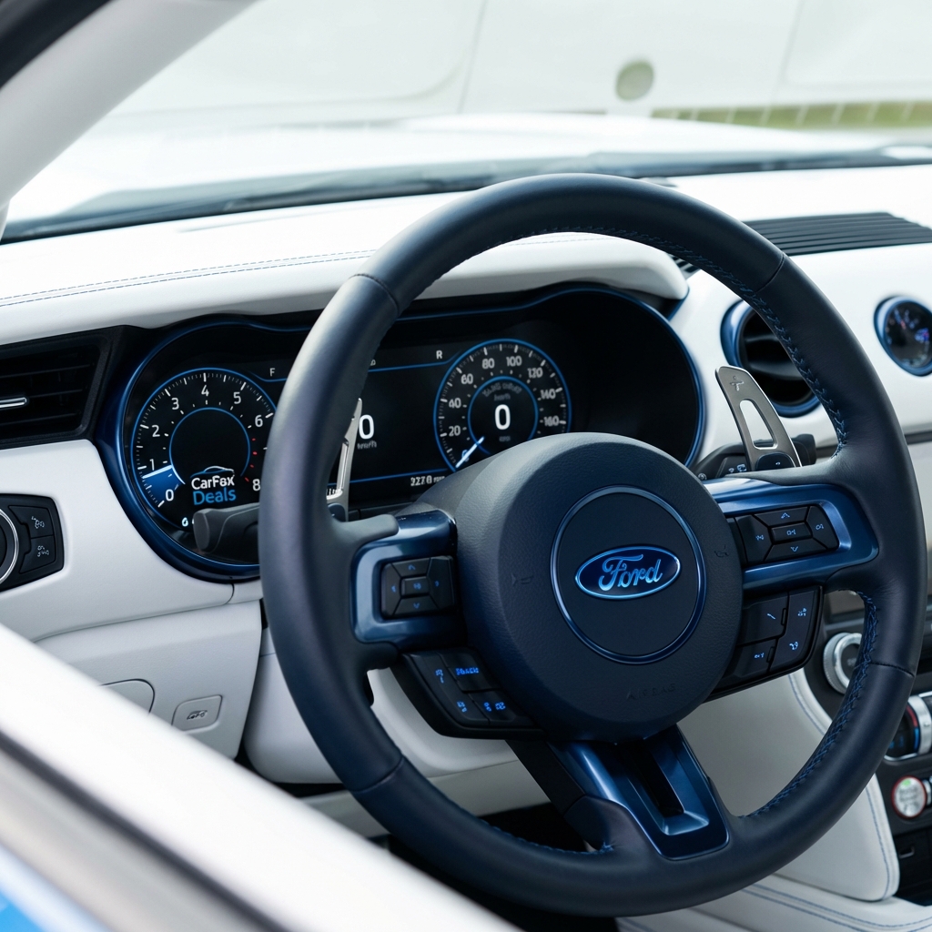 Close up of a Ford Mustang GT instrument cluster and steering wheel showing driver focused controls on a clean white background minimalist layout ford mustang gt for sale