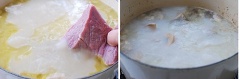 Cho thịt vào nồi nước dùng xương. Luộc cho đến khi thịt chín (khoảng 1,5 giờ). Vớt thịt ra, để nguội rồi thái mỏng. Đổ nước dùng sang một nồi khác để nguội. Tiếp tục cho vào nồi xương nước sạch một lần nữa. Đun sôi ở nhiệt độ cao, sau đó giảm nhiệt một chút. Đậy vung rồi đun trong 3-5 tiếng cho đến khi trên bề mặt nước dùng xuất hiện các chất béo màu trắng sữa nổi lên. Giảm nhiệt nếu cần thiết. Thêm nước để tránh bị cạn. Lại đổ nước dùng vào nồi đã chứa nước dùng để nguội ban nãy.