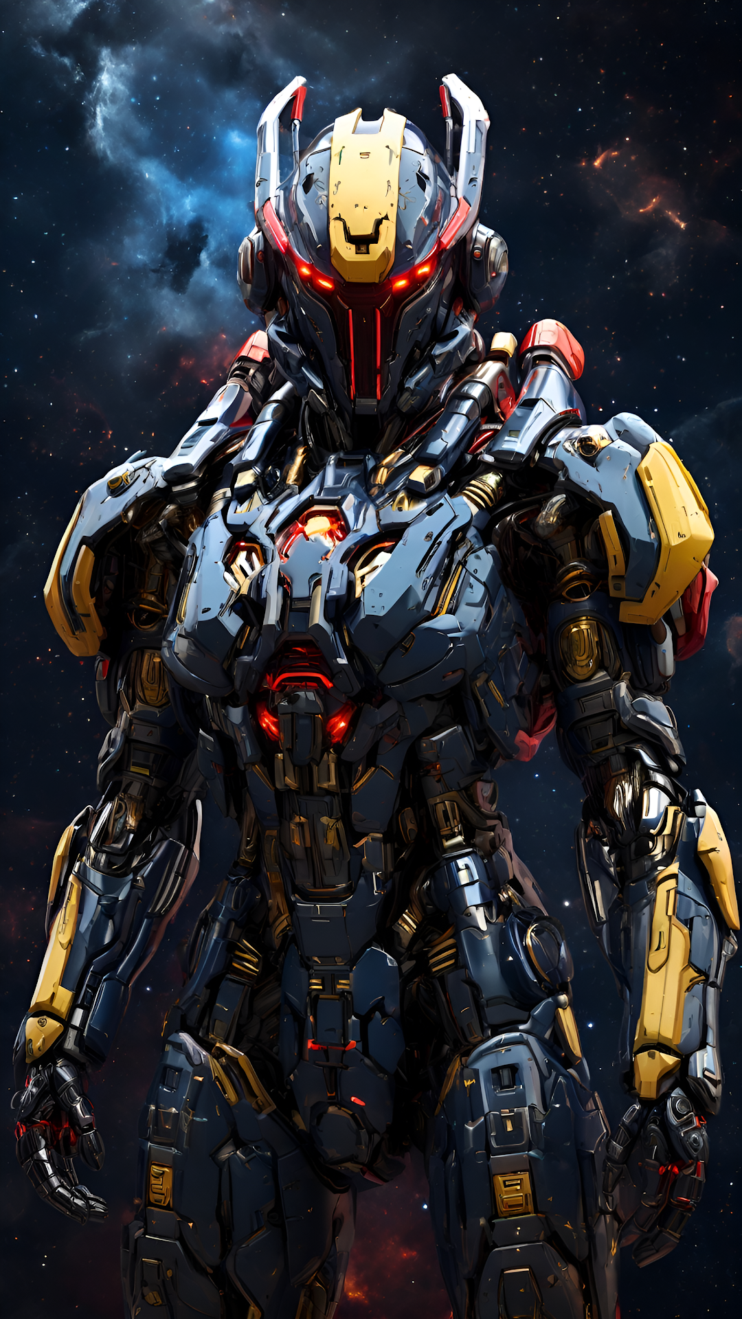 Heavily Armored Mecha Suit Standing Against Dark Nebula Sky - Free 4K mobile Wallpaper