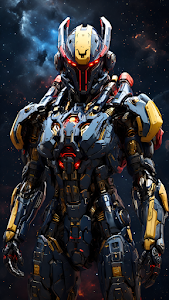 Heavily Armored Mecha Suit Standing Against Dark Nebula Sky
