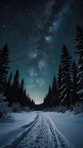 Snowy Forest Path Under Milky Way Winter Night Sky