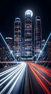 Futuristic City Night Skyline with Neon Light Trails