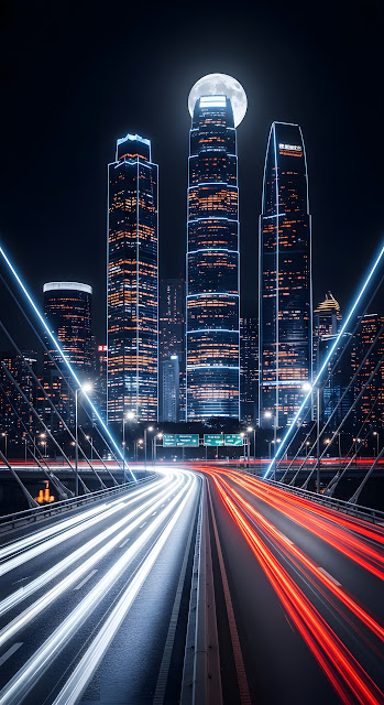 Futuristic City Night Skyline with Neon Light Trails - Free mobile Wallpaper