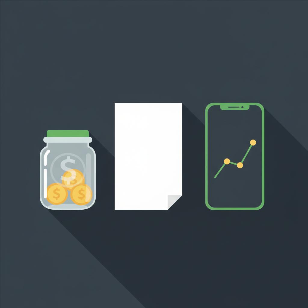 Minimalist vector illustration of an organized desk with a savings jar with coin emblem a paper I bond and a smartphone showing a simple yield chart for how to begin investing