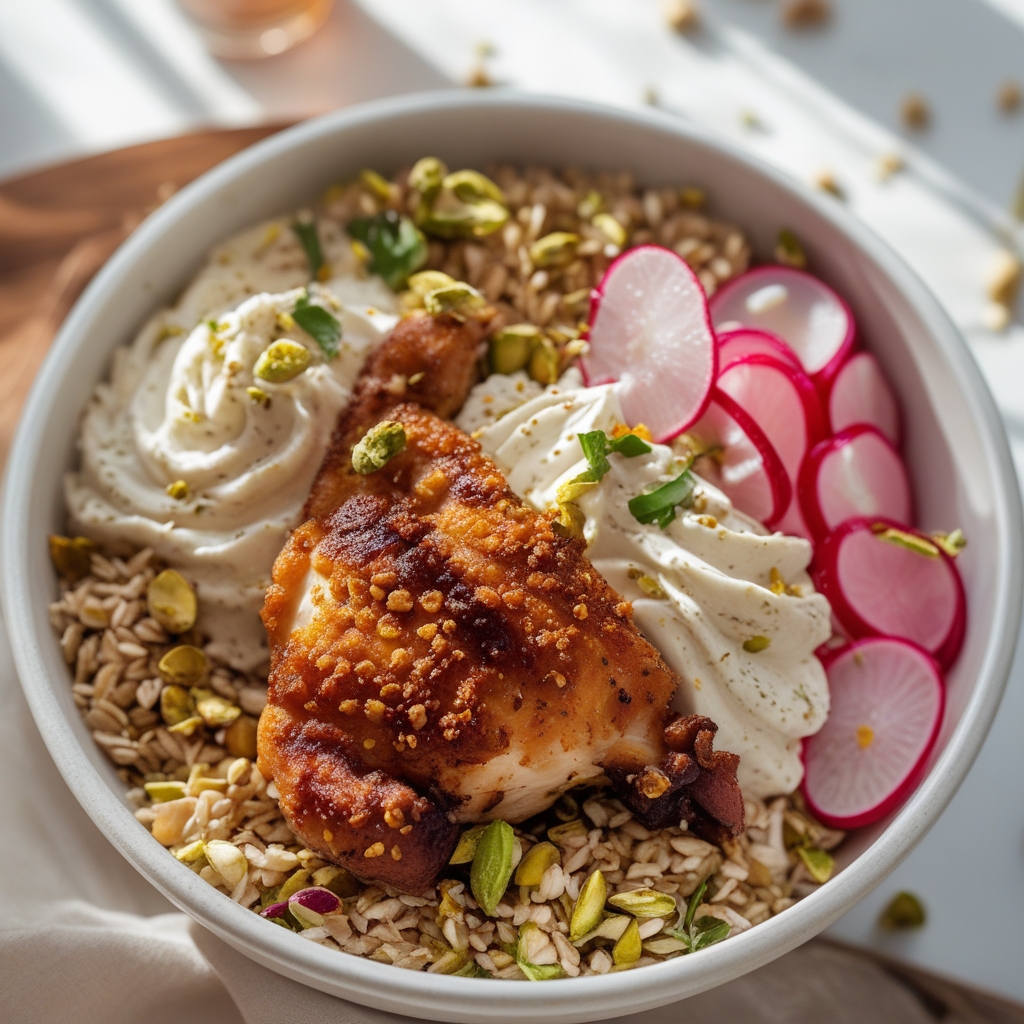 Crispy Sumac Chicken Thigh & Whipped Pistachio Feta Protein Power Bowl with Quick Pickled Radishes