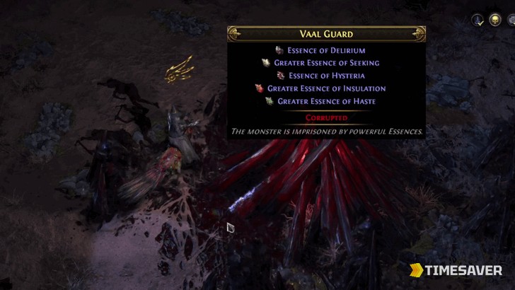 A Vaal-corrupted imprisoned essence monster in PoE2 holding high-value essences including Essence of Hysteria and Essence of Delirium, tagged Corrupted.