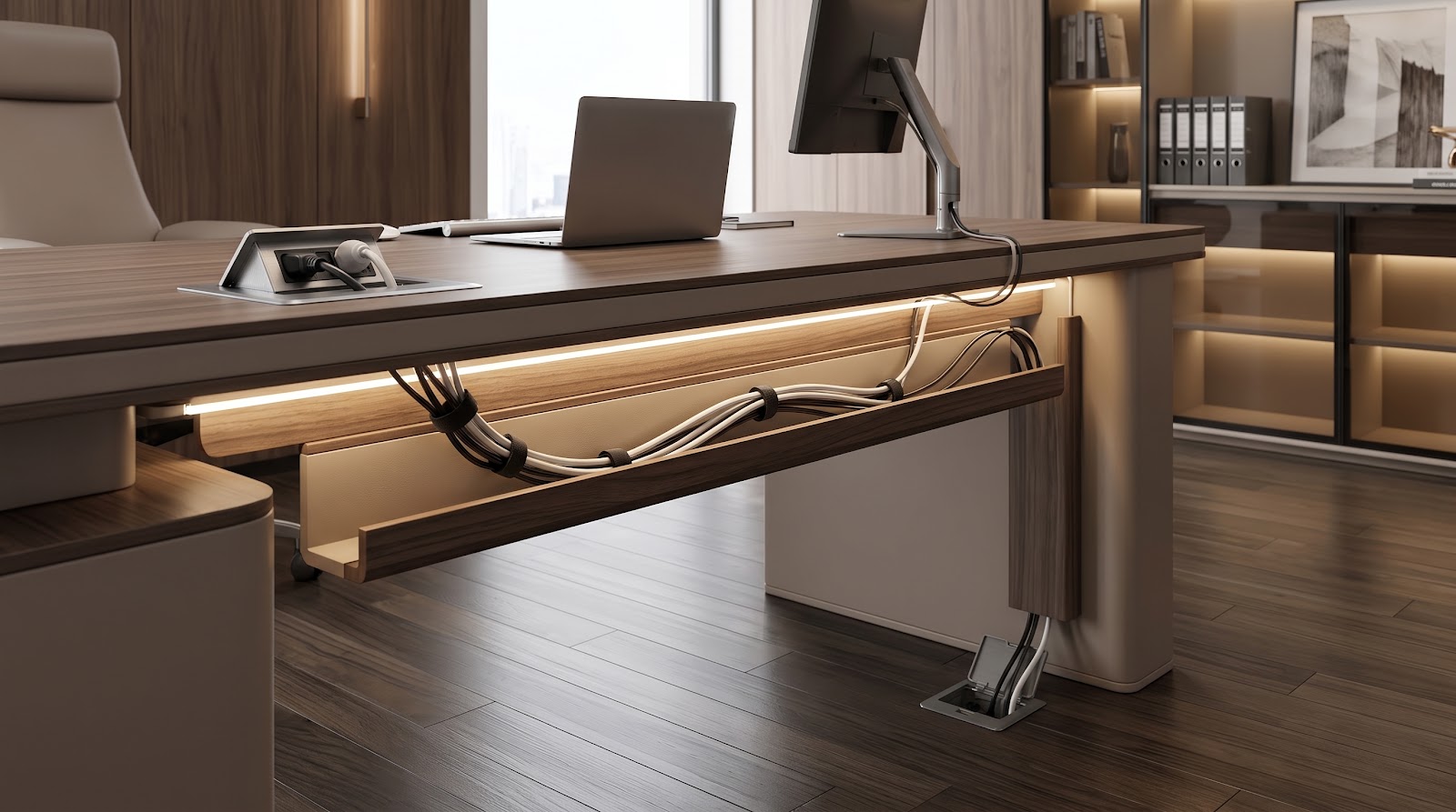 Socket box tanam aluminium pada meja workstation kantor minimalis