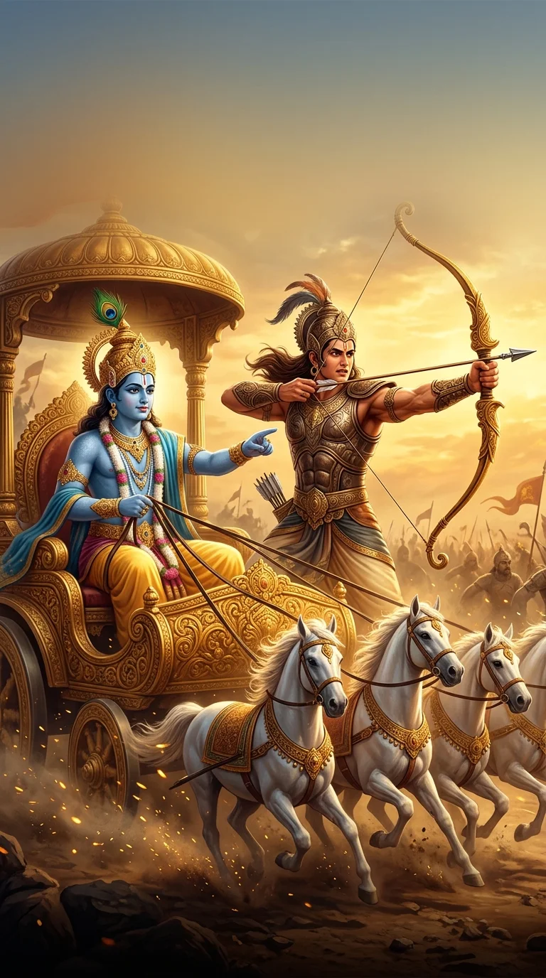 Lord Krishna and Arjuna on the Chariot in Kurukshetra - Free 8K and 4K mobile Wallpaper Background
