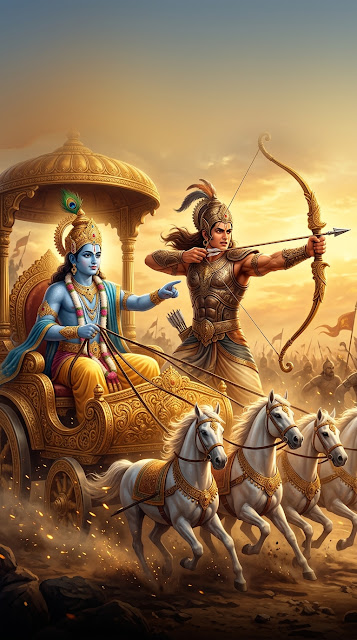 Lord Krishna and Arjuna on the Chariot in Kurukshetra - Free mobile Wallpaper