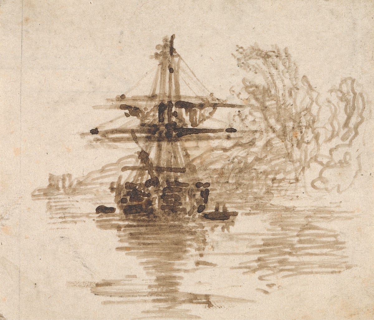 A Brig at Anchor Trees Beyond