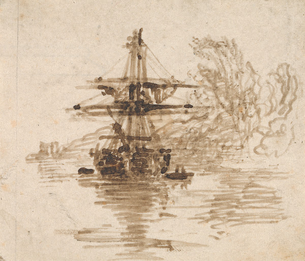 A Brig at Anchor Trees Beyond