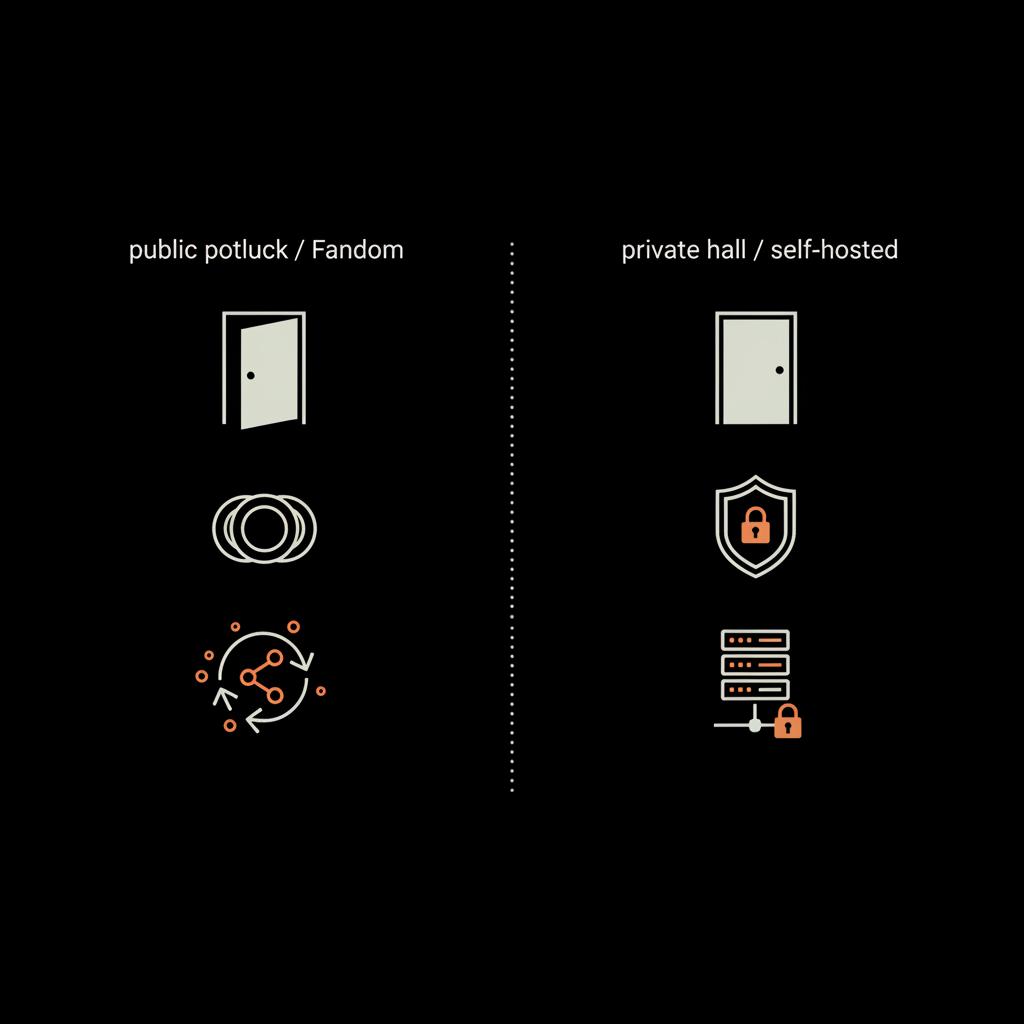Minimal 2D vector comparison of public potluck (Fandom) versus private self-hosted hall in Social Success Hub palette — are Fandom wikis free