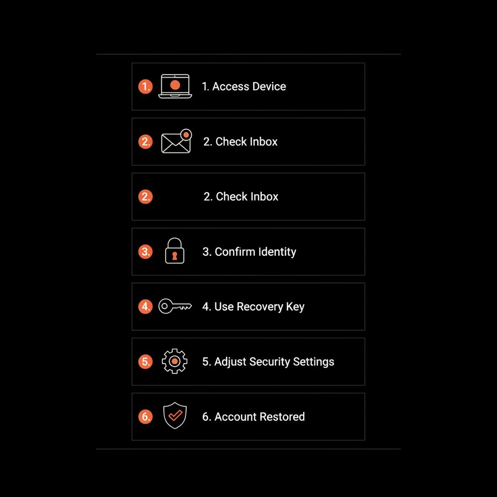 Minimal full-frame infographic showing six steps for Gmail account recovery with simple device, email, lock, key icons, light gray text and orange accents.