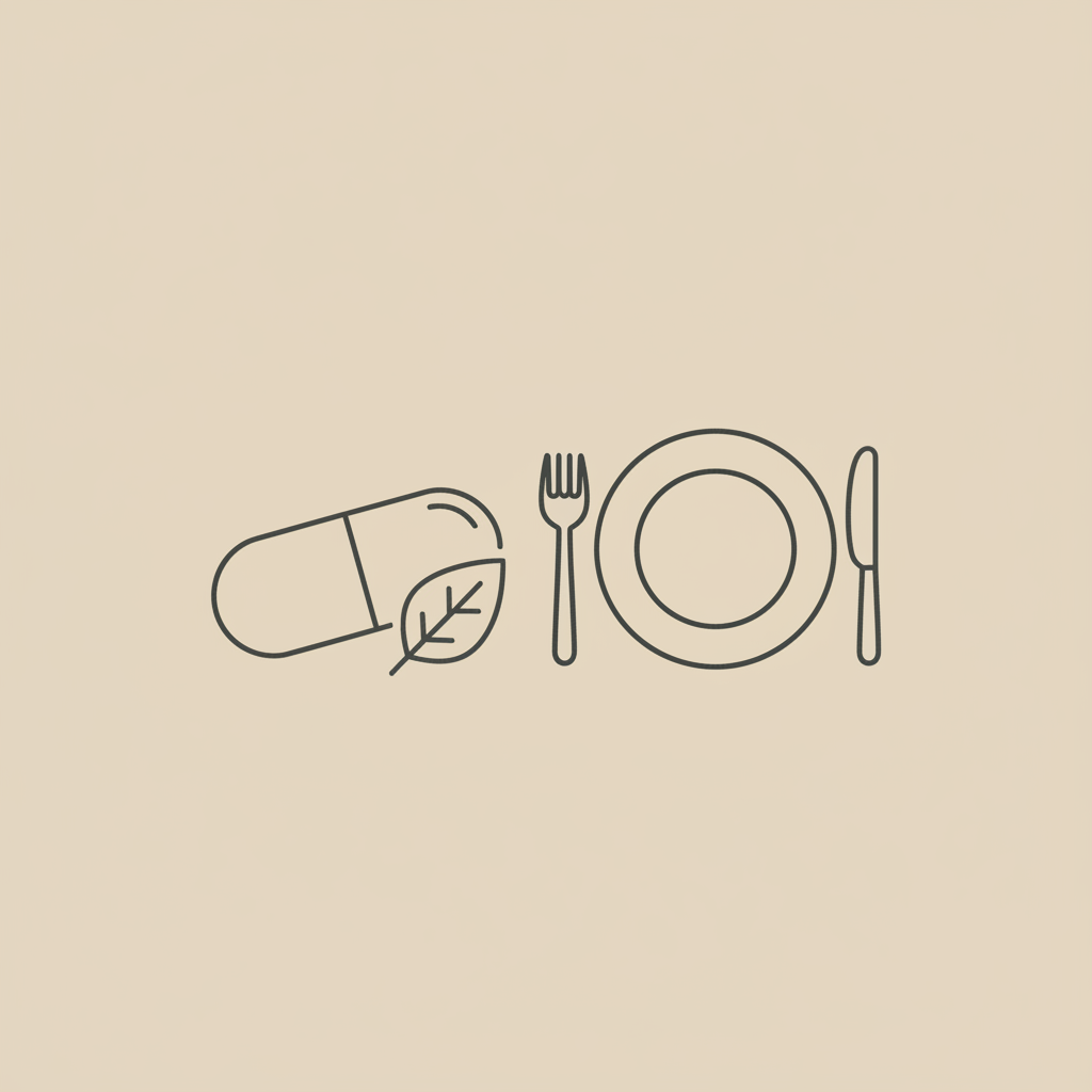 Minimalist vector line illustration of a capsule, small leaf, and plate with cutlery on a beige background, reflecting weight-management theme — do ketones help you lose weight