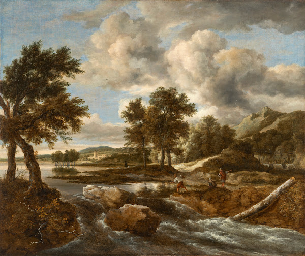 River landscape with figures on the banks of a torrent a shepherd beyond