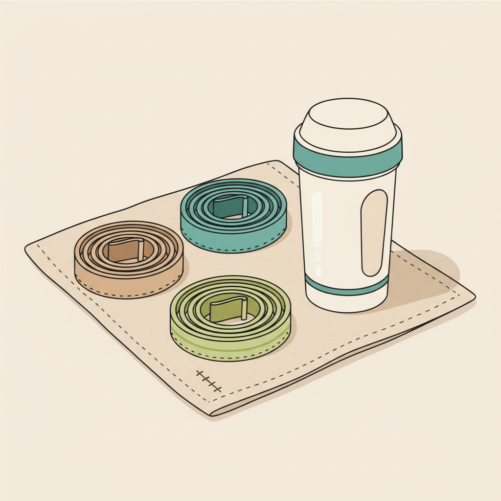 Nahaufnahme von zusammengerollten Widerstandsbändern und veganem Protein-Shaker auf naturfarbenem Handtuch in Vegardians-Farben, geeignet für übungen mit bändern