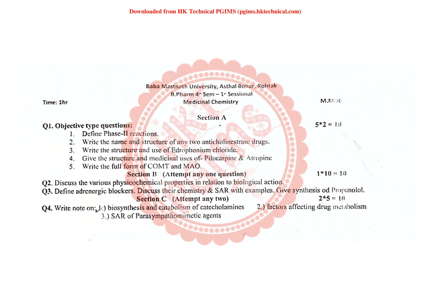 BMU Medicinal chemistry sessional-1 4th Semester B.Pharmacy Previous Year's Question Paper,BP402T Medicinal Chemistry I,BPharmacy,Previous Year's Question Papers,BPharm 4th Semester,Baba Mastnath University (BMU),