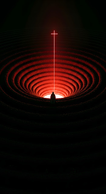 Overhead View of Cloaked Figure and Cross at Center of Red Glowing Spiral Chasm - Free mobile Wallpaper