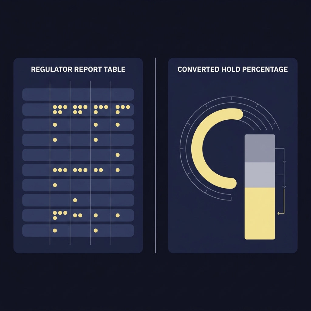 Minimalist 2D vector side by side comparison of regulator table excerpt and visual converted hold percentage calculation Using Hold and Break Percentages