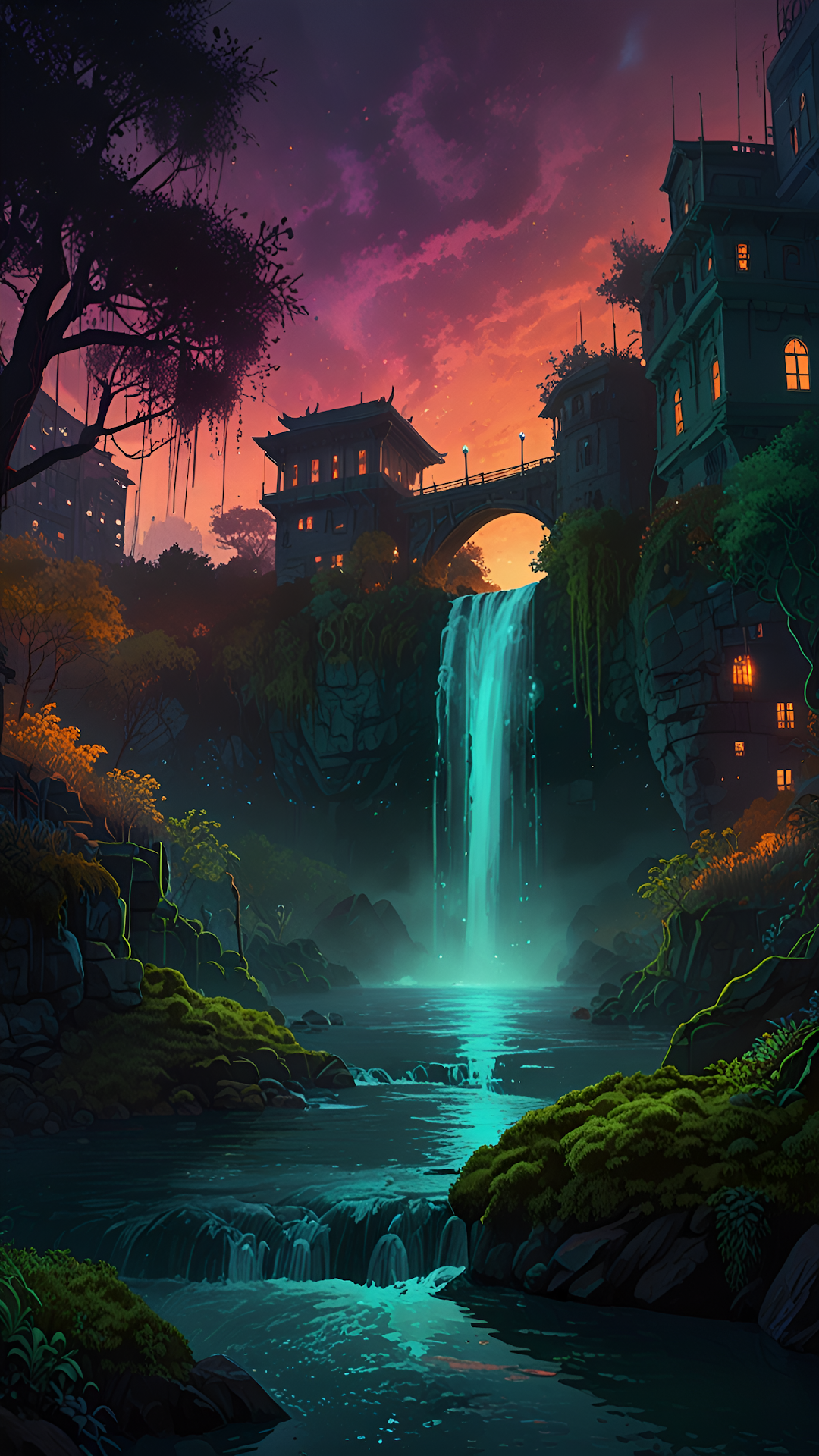 Mystical Sunset Waterfall City Digital Painting - Free 4K mobile Wallpaper