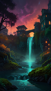 Mystical Sunset Waterfall City Digital Painting