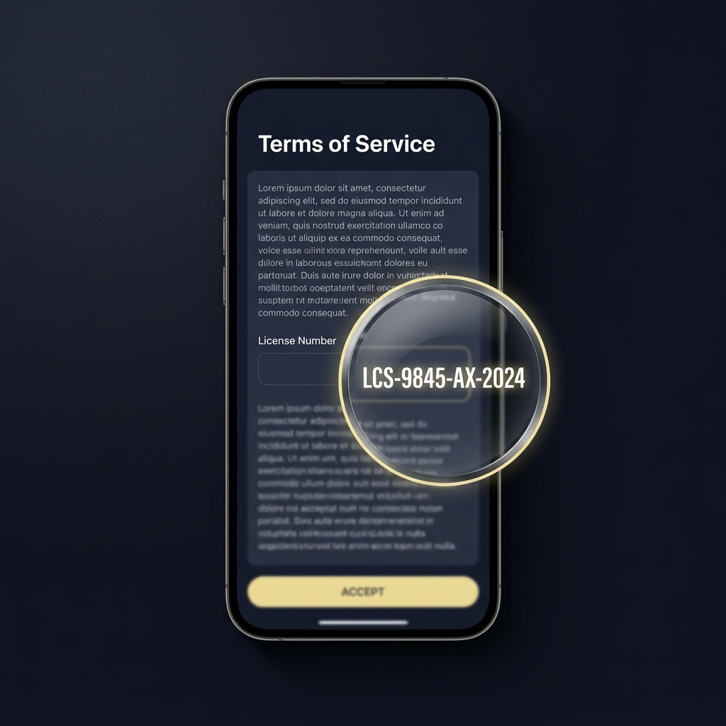 Closeup mobile terms of service screen with magnifying glass highlighting license number field in Funded Plays brand colors for football prediction apps