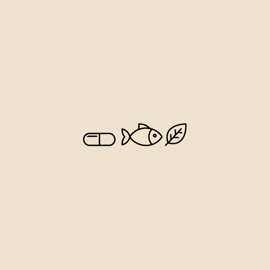 Minimalist Tonum-style vector line illustration of a capsule beside a fish icon and a leaf on beige background representing Dr Daniel Amen supplements