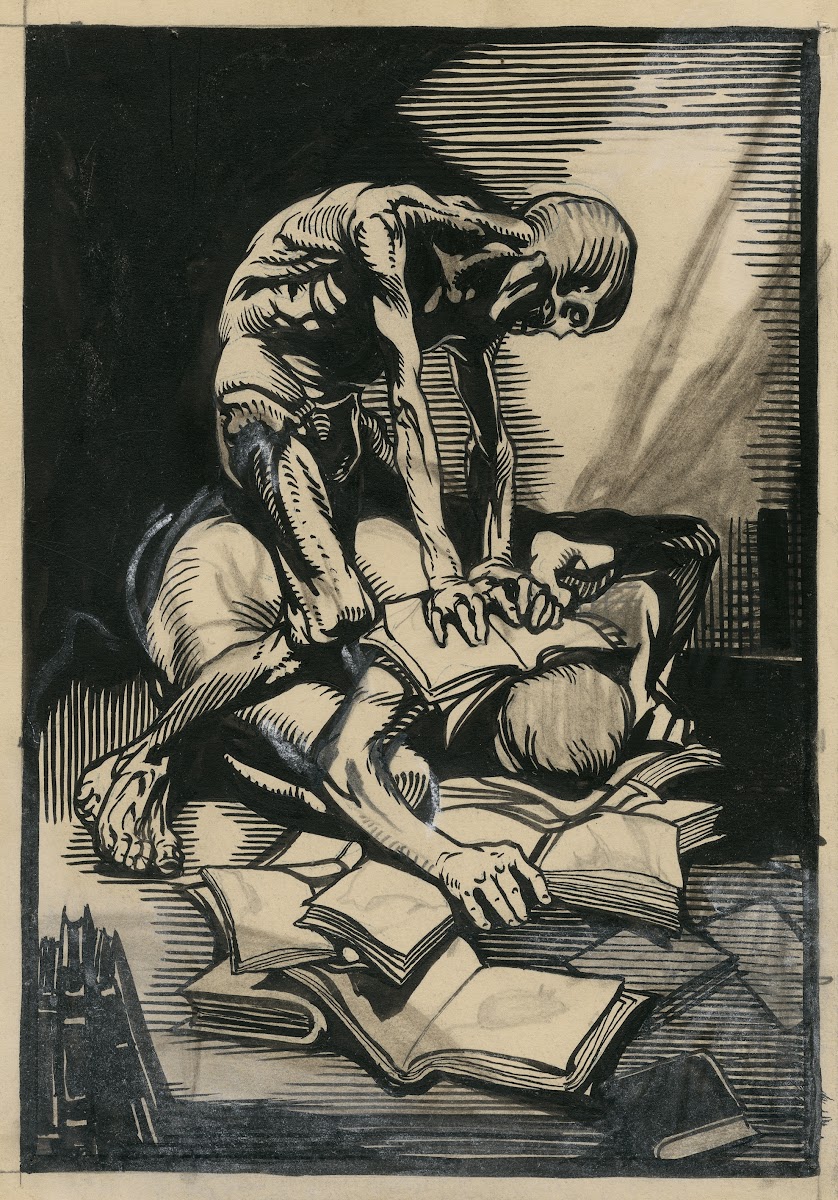 Death crushing a book reader