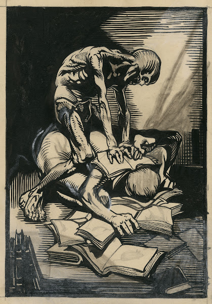 Death crushing a book reader