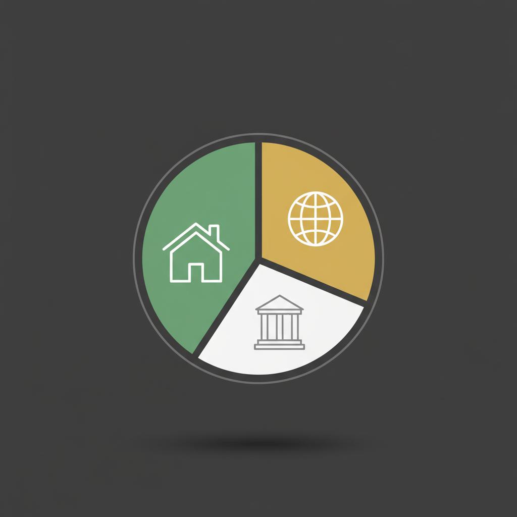 Minimalist 2D vector pie chart illustrating domestic equities international equities and bonds allocation in Finance Police colors how to start stocks