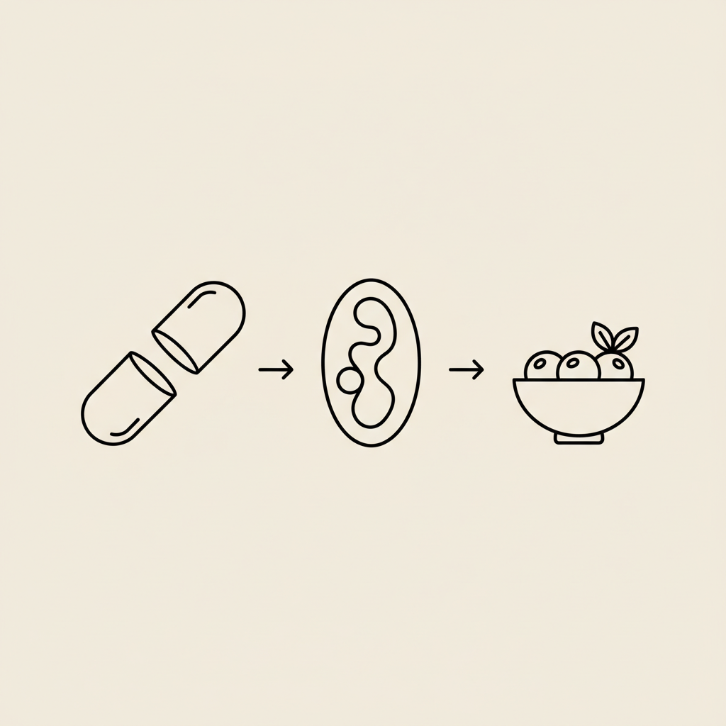 Minimalist vector line illustration of a capsule, stylized mitochondrion, and bowl of berries on beige background representing l-carnitine, metabolism and nutrition.