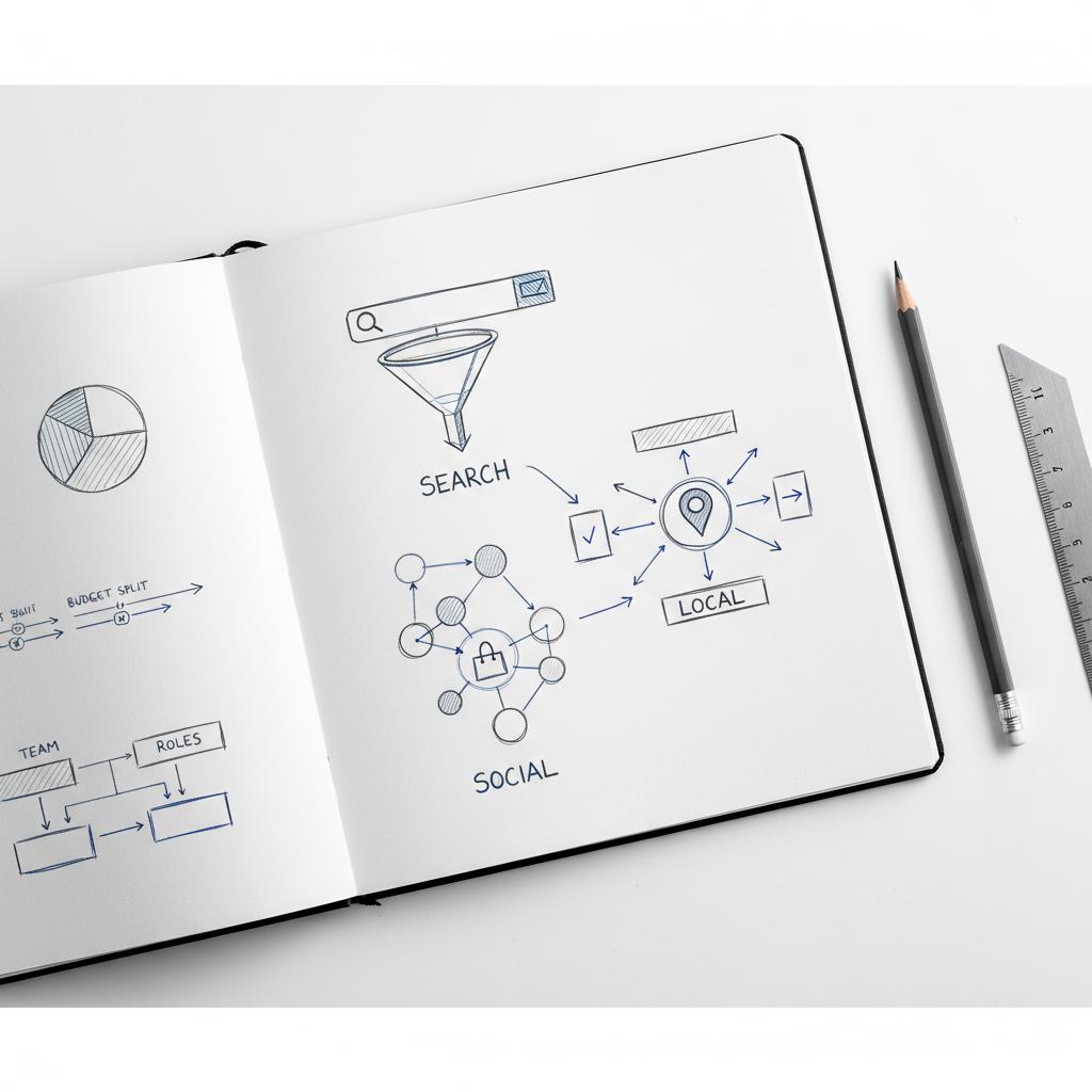 Top-down sketchbook page mapping search, social and local channels with stylized search bar, shopping bag and location pin icons in brand colors &mdash; best advertising platform for small business