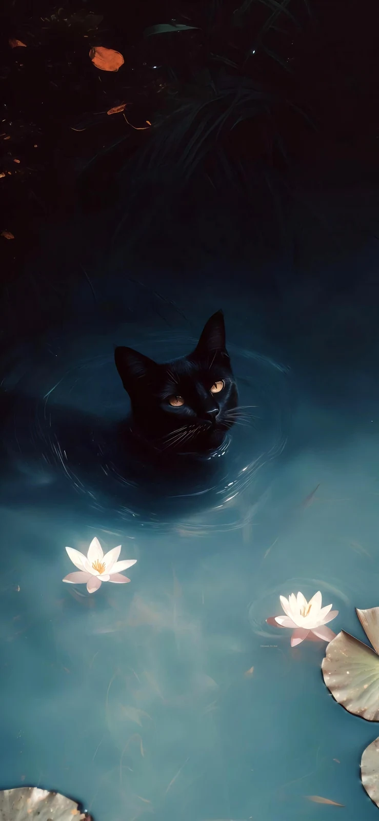 Mystic Black Cat Pond - Dramatic Digital Art 4K iPhone Wallpaper (2208x4783)