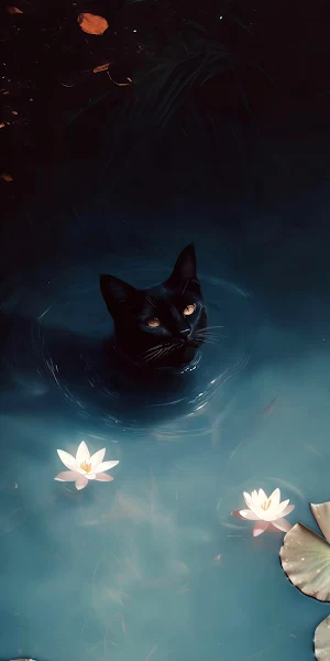 Mystic Black Cat Pond 4K iPhone Wallpaper Background