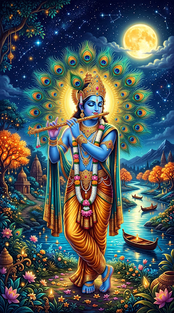 Lord Krishna Playing Flute with Peacock Feathers Under the Moon - Free mobile Wallpaper