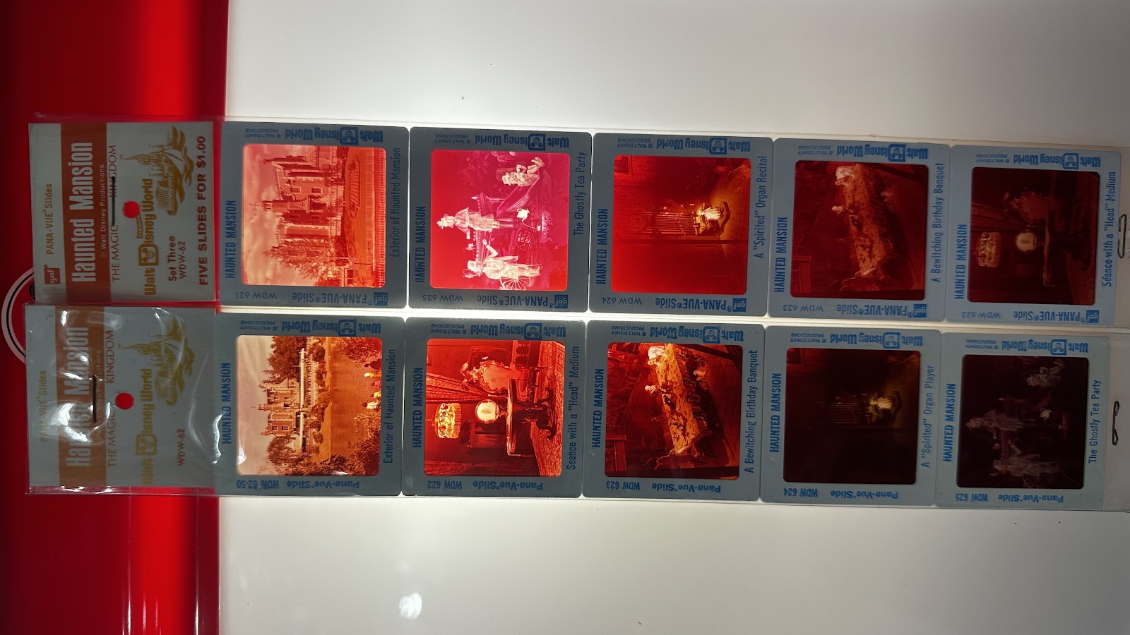 GAF Pana-Vue 35mm slide set WDW-62, five Haunted Mansion slides from Walt Disney World circa early 1970s
